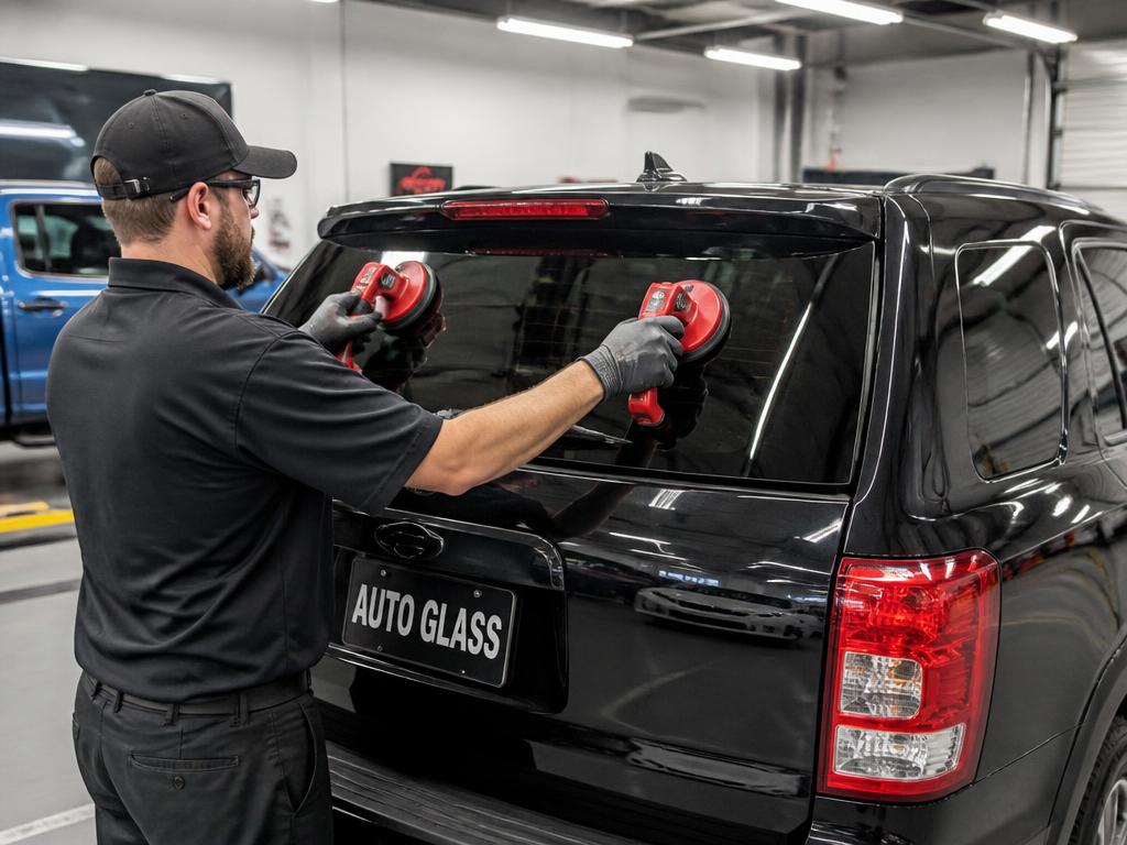 New rear back glass held in place with suction cups on a car in the shop