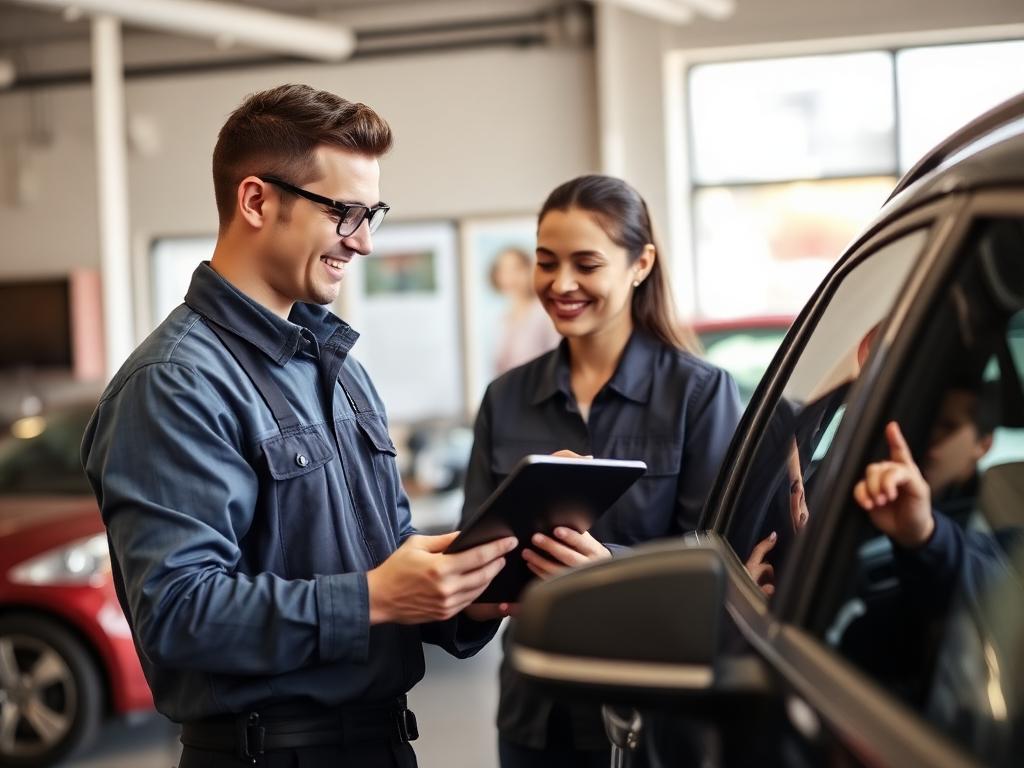 Shop advisor helping a customer file an auto glass insurance claim on a tablet