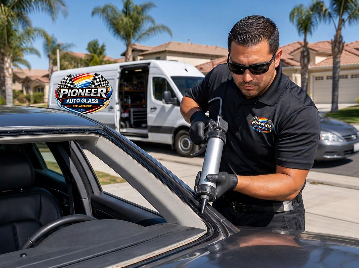Mobile auto glass technician applying urethane adhesive with a branded service van nearby