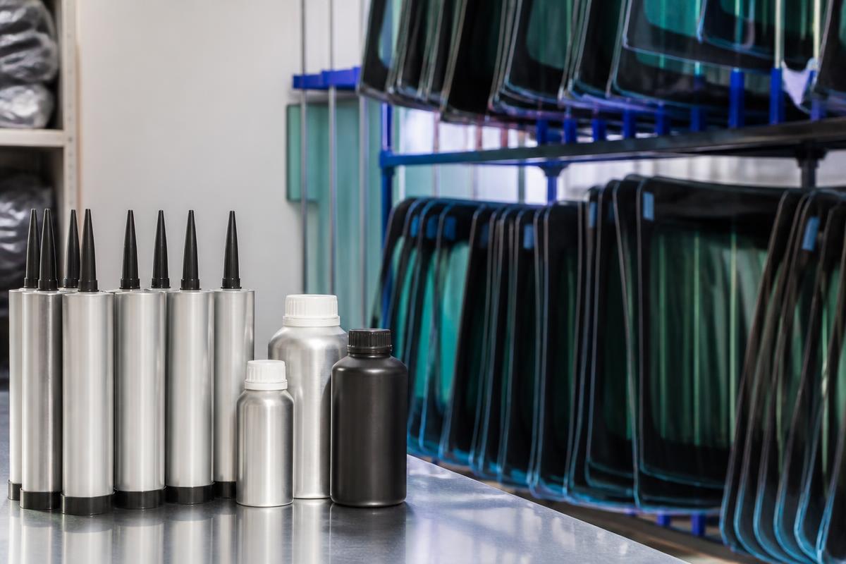 New windshields in shop racks beside urethane adhesive and primer bottles