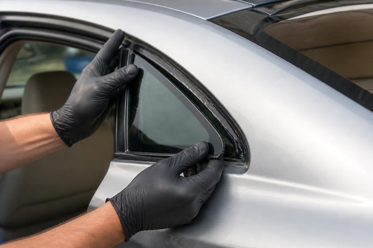 Broken vent and quarter glass pane on a car door