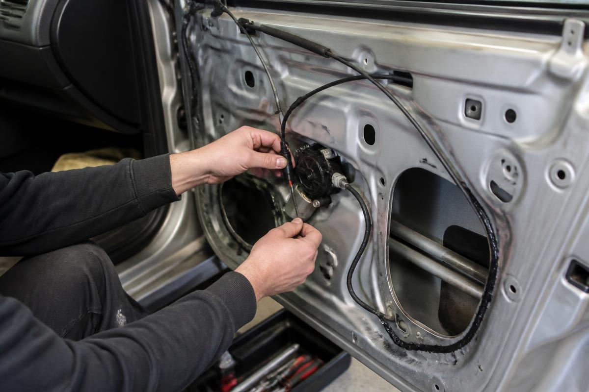 Technician repairing a window regulator inside an open car door panel