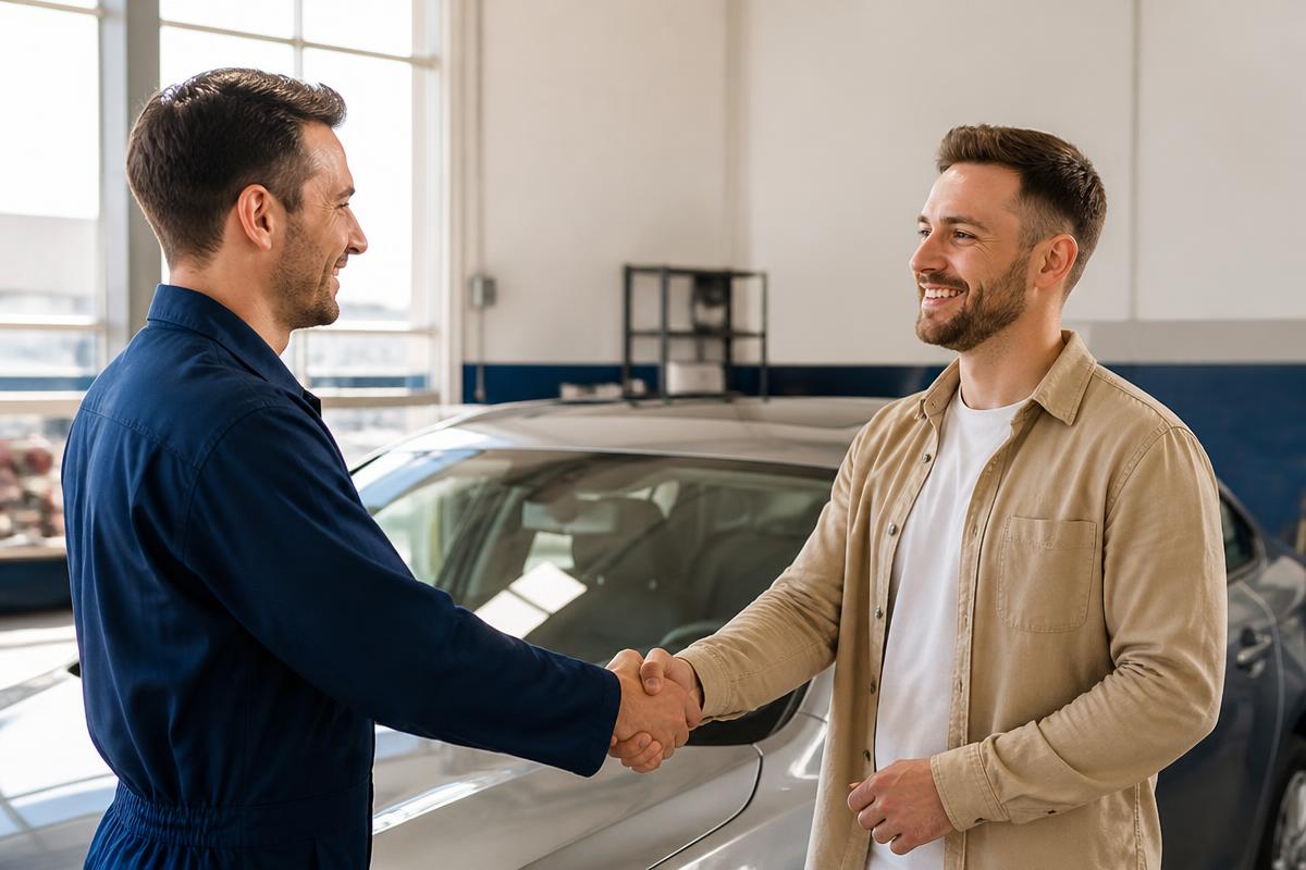 Technician shaking hands with a satisfied customer beside a car with a new windshield