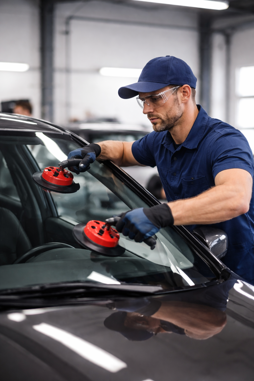 Technician setting a new windshield into a car frame with suction cup handles